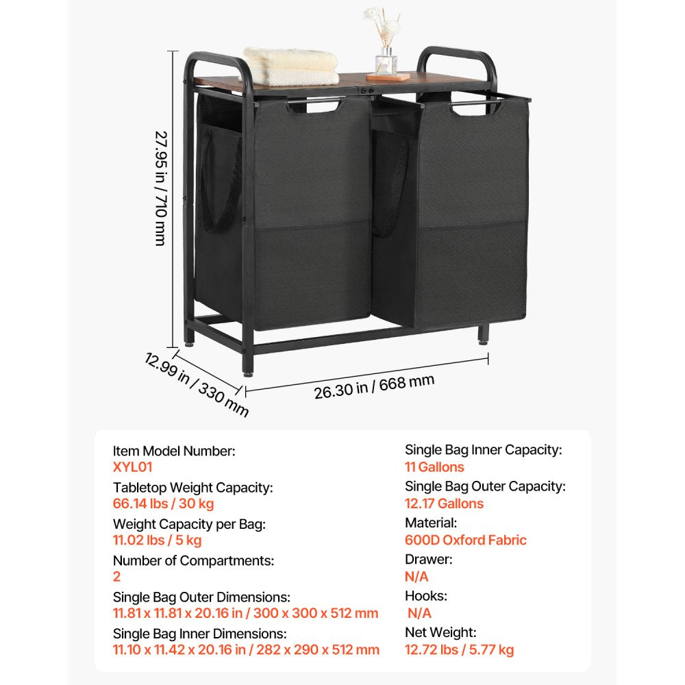VEVOR 2 Section Laundry Sorter, Large Laundry Hamper with Metal Frame and Wooden Tabletop, Freestanding Storage Organizer Baskets with Pull-Out 600D Oxford Cloth Bags for Dirty Clothes, Bathroom