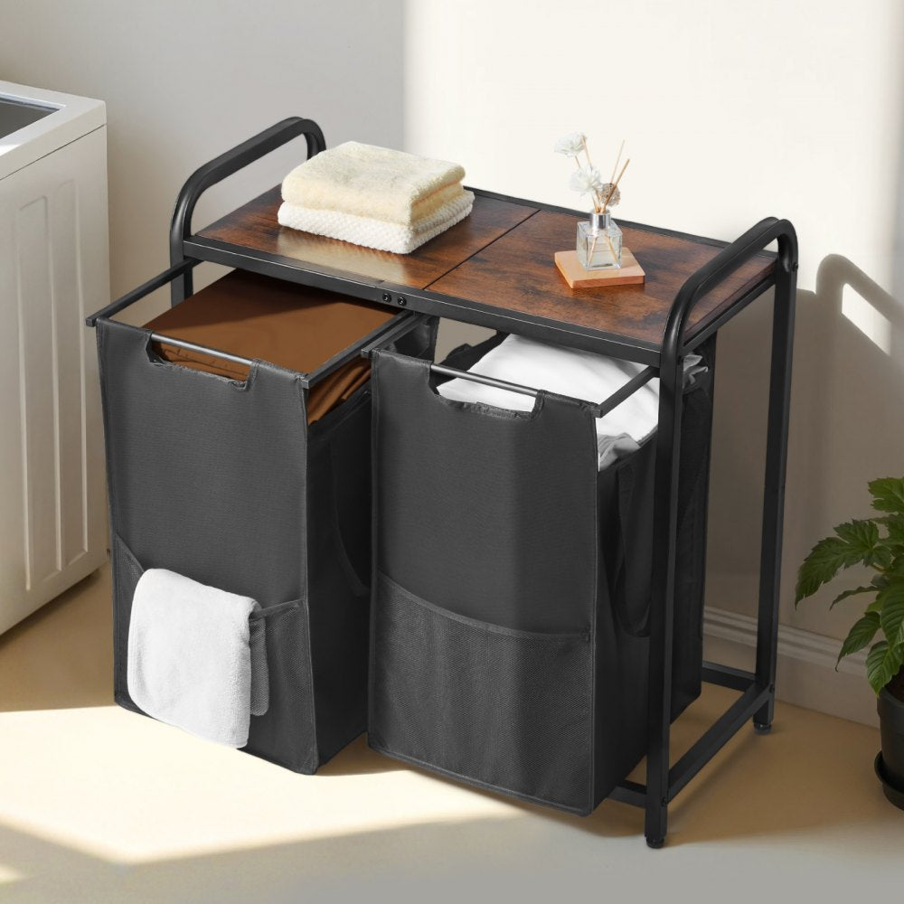VEVOR 2 Section Laundry Sorter, Large Laundry Hamper with Metal Frame and Wooden Tabletop, Freestanding Storage Organizer Baskets with Pull-Out 600D Oxford Cloth Bags for Dirty Clothes, Bathroom