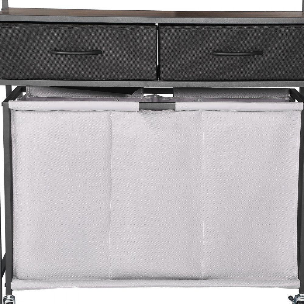 VEVOR 3 Section Laundry Sorter, Rolling Laundry Hamper with 2 Drawers, Hooks & Wheels, Rolling Basket Organizer Storage with Pull-Out Rolling Bags and Wooden Tabletop for Dirty Clothes, Bathroom
