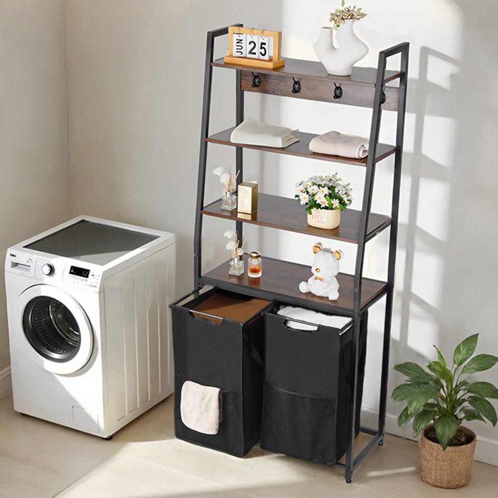VEVOR 4 Tiers Laundry Sorter, Tall Laundry Hamper with Shelves and Hooks, 2 Section Freestanding Basket Organizer Storage with 600D Oxford Cloth Bags and Ladder Shelves for Dirty Clothes, Bathroom