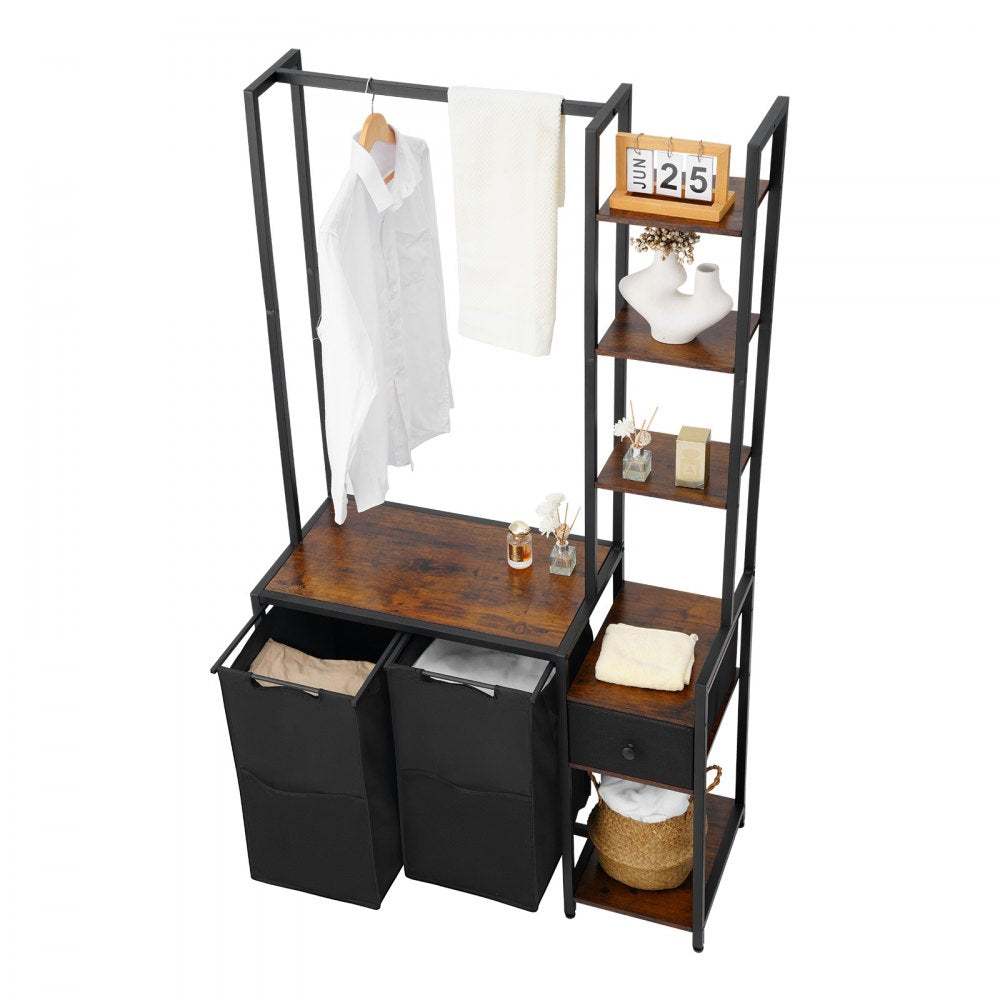 VEVOR 3 Tiers Laundry Sorter with Rack, Tall Laundry Hamper with Shelves and Drawers, 2 Section Freestanding Hanging Rack Storage with 600D Oxford Cloth Bags and Ladder Shelves for Dirty Clothes