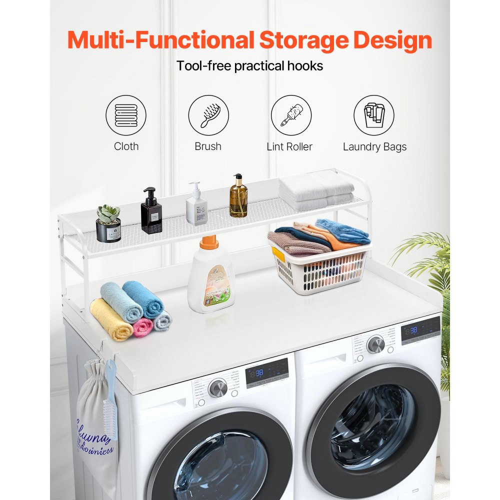 VEVOR Washer Dryer Countertop with 2-Tier Shelf, 54" x 27" Wooden Washer and Dryer Countertop with Anti-Slip Pads, Water-Resistant Laundry Topper Cover for Laundry Room Organization and Storage, White