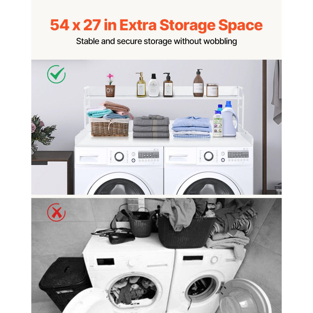 VEVOR Washer Dryer Countertop with 2-Tier Shelf, 54" x 27" Wooden Washer and Dryer Countertop with Anti-Slip Pads, Water-Resistant Laundry Topper Cover for Laundry Room Organization and Storage, White