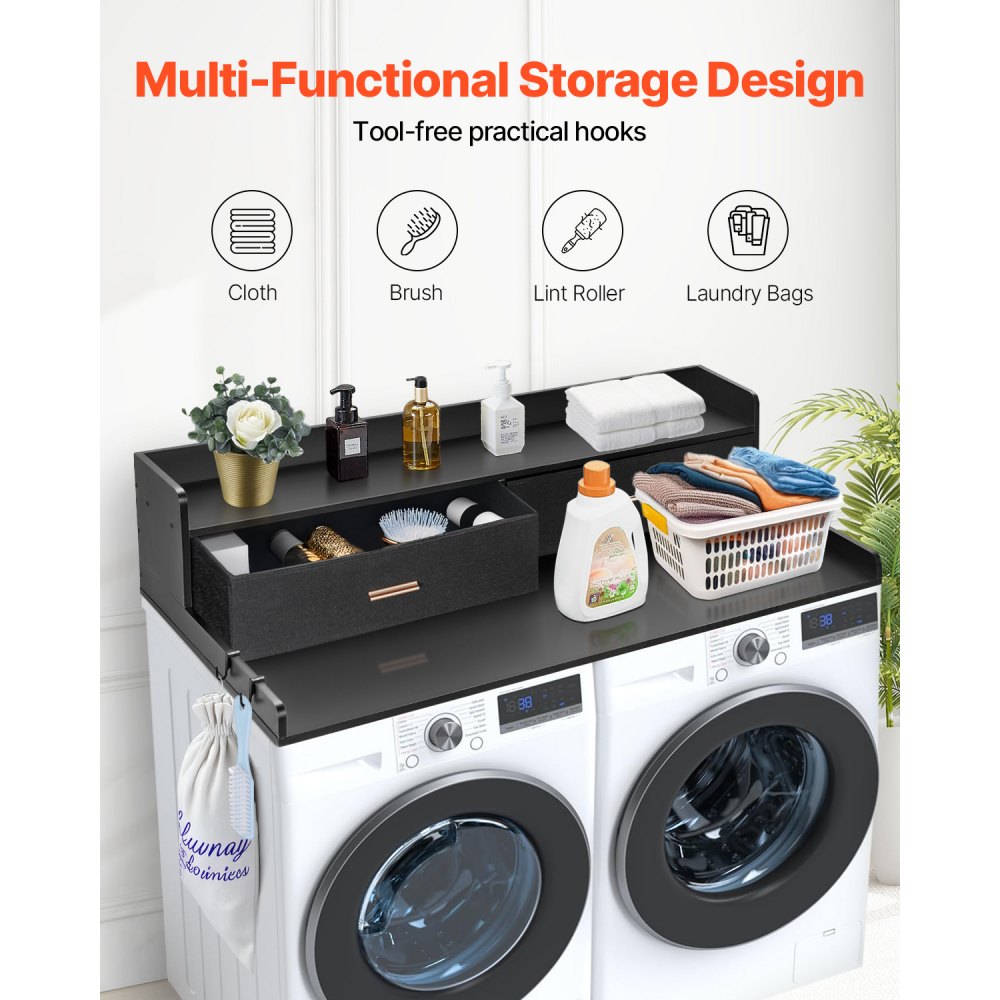VEVOR 2 Drawers Washer Dryer Countertop with 2-Tier Shelf, 54" x 27" Wooden Washer and Dryer Countertop with Non-Slip Pads, Water-Resistant Laundry Topper for Laundry Room Organization, Black
