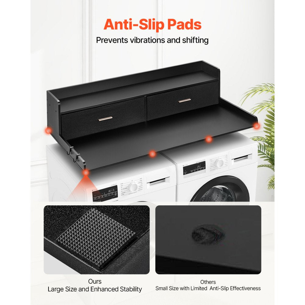 VEVOR 2 Drawers Washer Dryer Countertop with 2-Tier Shelf, 54" x 27" Wooden Washer and Dryer Countertop with Non-Slip Pads, Water-Resistant Laundry Topper for Laundry Room Organization, Black