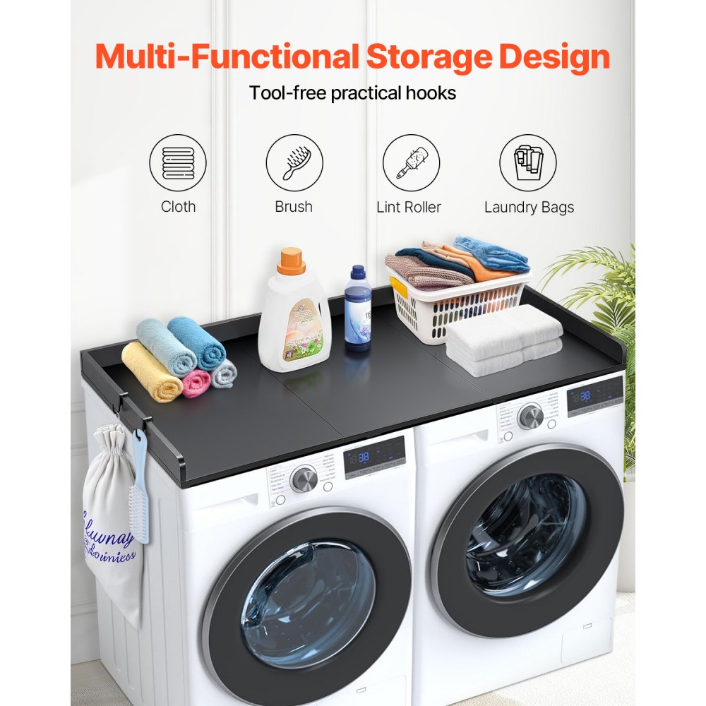 VEVOR Washer Dryer Countertop with 3 Splicing Panels, 54" x 27" Wooden Washer and Dryer Countertop with Non-Slip Pads, Water-Resistant Laundry Topper for Laundry Room Organization and Storage, Black