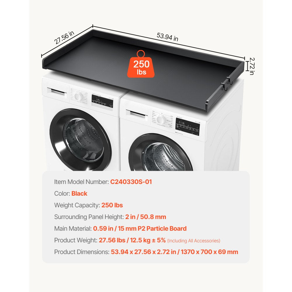 VEVOR Washer Dryer Countertop with 3 Splicing Panels, 54" x 27" Wooden Washer and Dryer Countertop with Non-Slip Pads, Water-Resistant Laundry Topper for Laundry Room Organization and Storage, Black