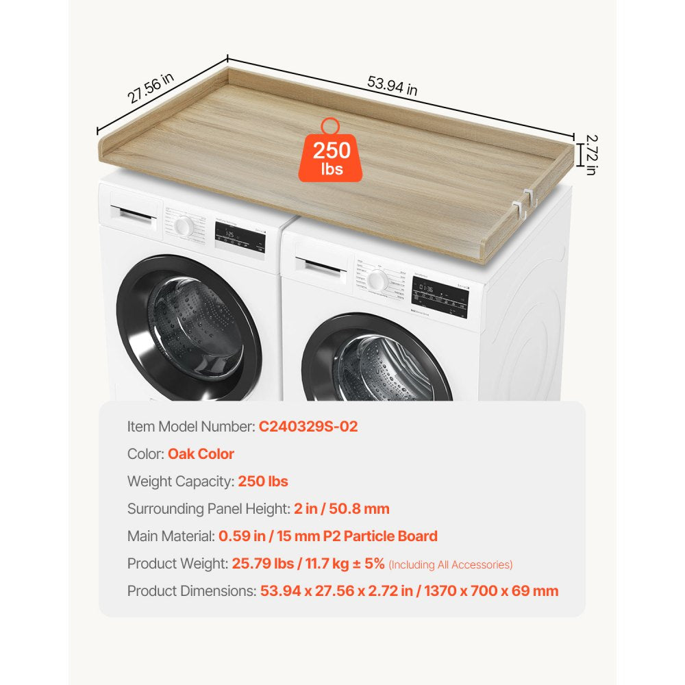VEVOR Washer Dryer Countertop, 54" x 27" Wooden Washer and Dryer Countertop, Water-Resistant Laundry Machine Topper Cover with Anti-Slip Pads, for Laundry Room Organization and Storage, Oak