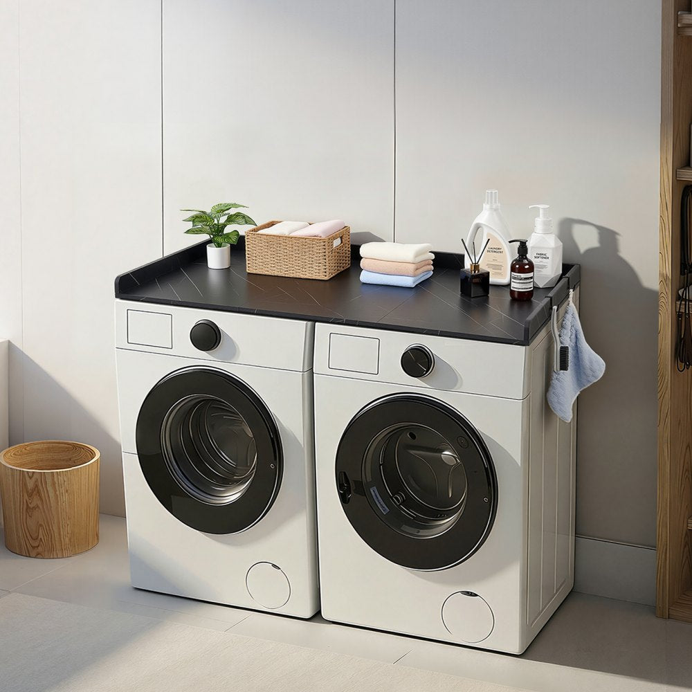 VEVOR Washer Dryer Countertop, 54 x 27.5 in Marble Washer and Dryer Topper with Edge & 2 Hooks, Water-Resistant Laundry Machine Topper for Laundry Closet Pantry Counter Organization and Storage, Black