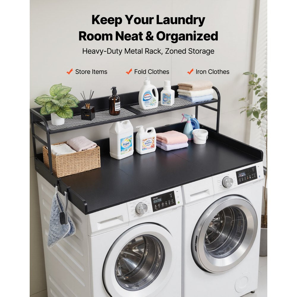VEVOR Washer Dryer Countertop with Shelf, 54 x 27.5 in Wooden Washer and Dryer Topper with Edge and 2 Hooks, Laundry Machine Topper for Laundry Closet Pantry Counter Organization and Storage, Black