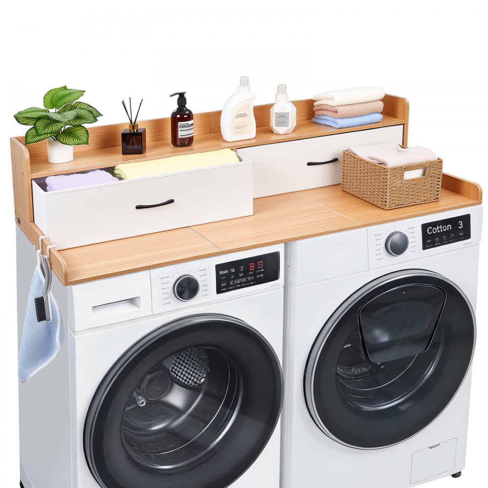 VEVOR Washer Dryer Countertop with Shelf, 54 x 27.5 in Wooden Washer and Dryer Topper with 2 Drawers & 2 Hooks, Laundry Machine Topper for Laundry Closet Pantry Counter Organization and Storage, Burlywood