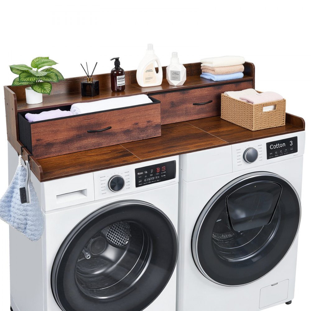 VEVOR Washer Dryer Countertop with Shelf, 54 x 27.5 in Wooden Washer and Dryer Topper with 2 Drawers & 2 Hooks, Laundry Machine Topper for Laundry Closet Pantry Counter Organization and Storage, Brown