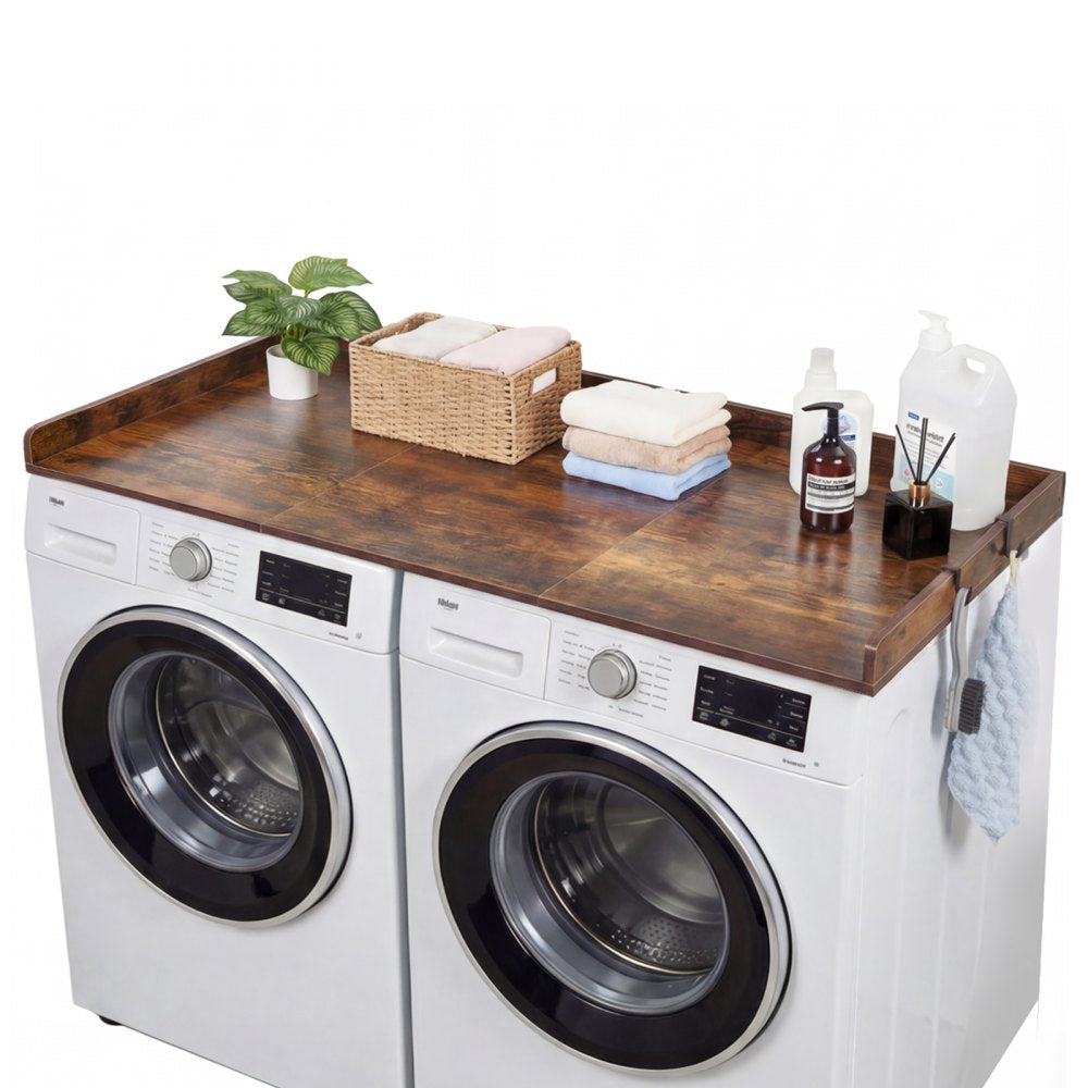 VEVOR Washer Dryer Countertop, 54 x 27.5 in Wooden Washer and Dryer Topper with Edge & 2 Hooks, Water-Resistant Laundry Machine Topper for Laundry Closet Pantry Counter Organization and Storage, Brown