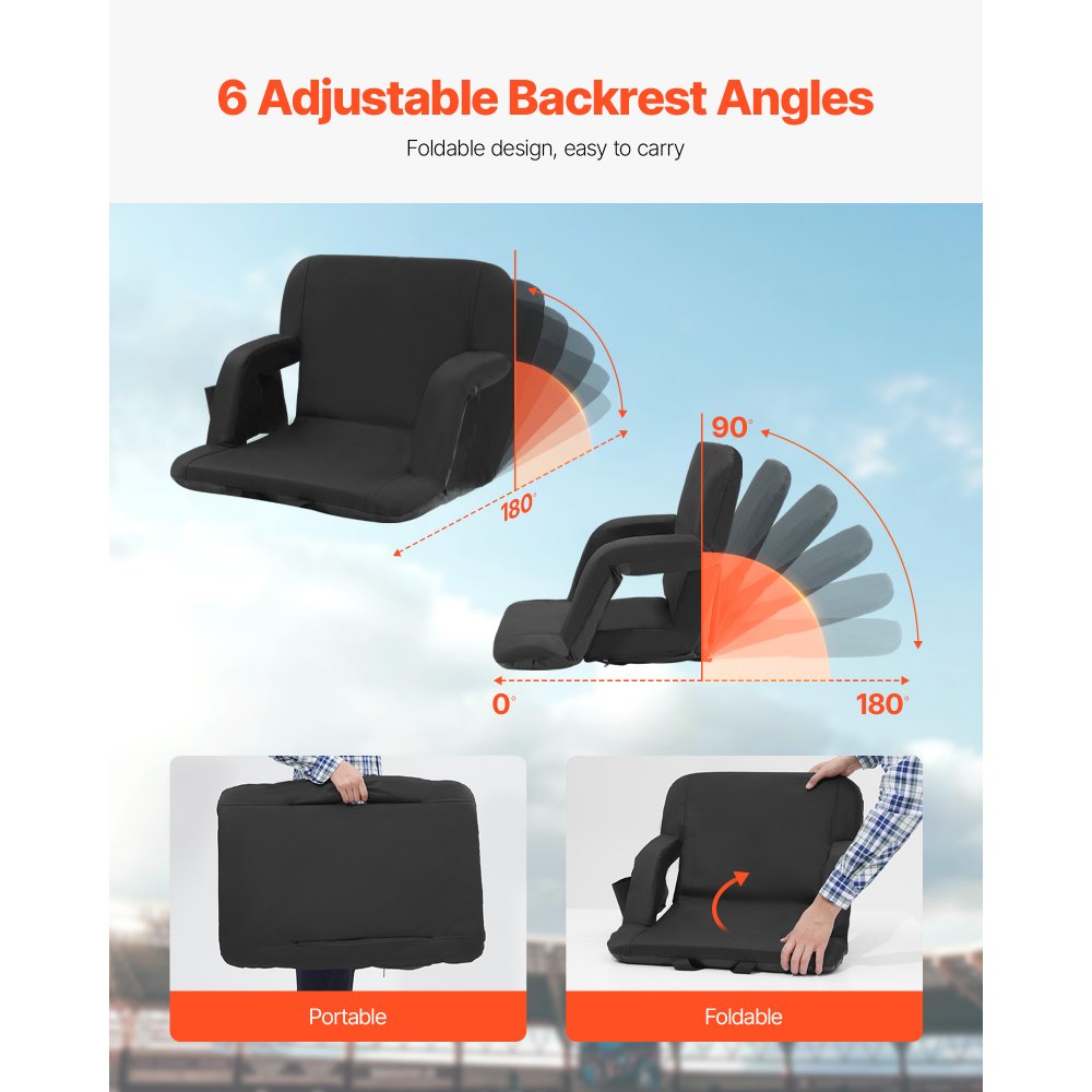 VEVOR Stadium Seat with Back Support, Wide Bleacher Seat Backs, Folding Padded Cushion Stadium Chair, Portable Reclining Chairs with Hook Pocket Cupholder, Ideal for Sport Event Beach Concert (2 Set)