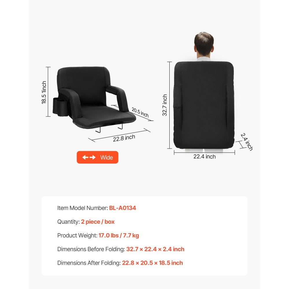 VEVOR Stadium Seat with Back Support, Wide Bleacher Seat Backs, Folding Padded Cushion Stadium Chair, Portable Reclining Chairs with Hook Pocket Cupholder, Ideal for Sport Event Beach Concert (2 Set)