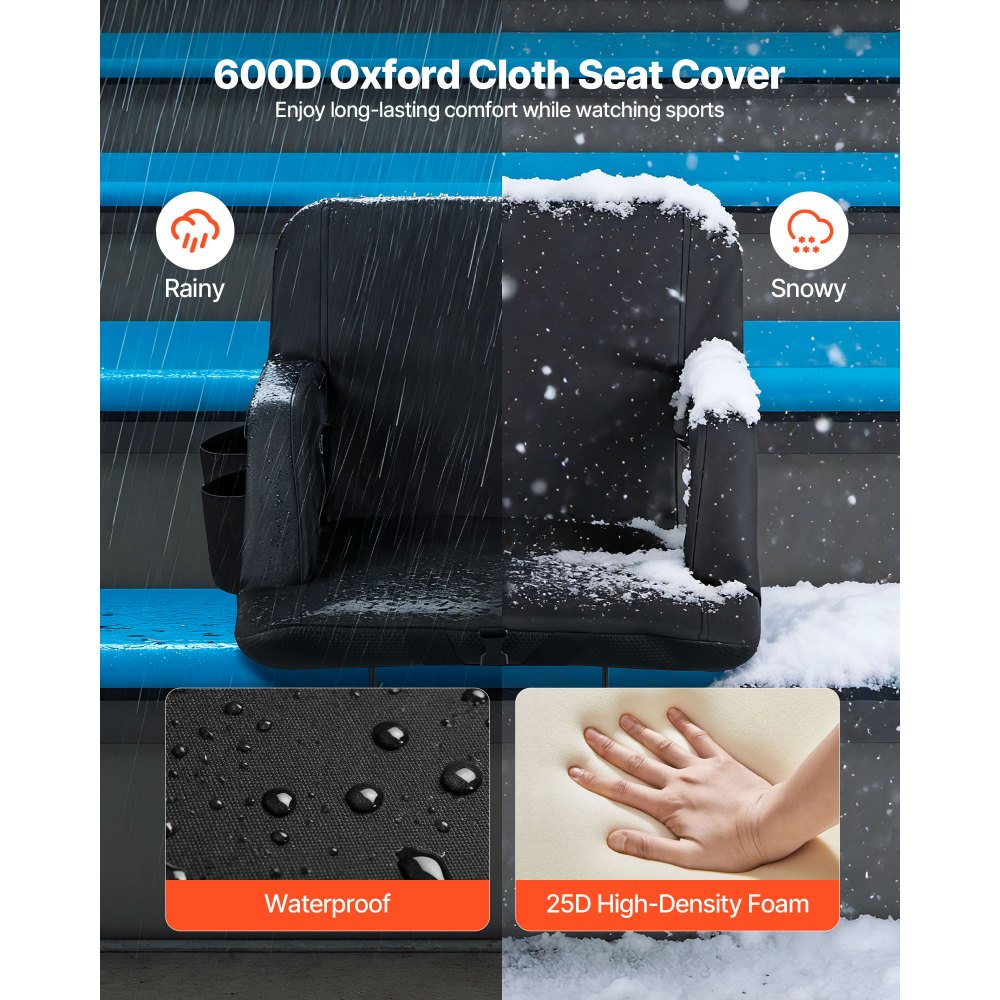 VEVOR Stadium Seat, 6 Adjustable Angle Bleacher Chair, 2.9'' Cushion Stadium Seat with Back Support and Armrest, Wide Bleacher Chair with Hook Pocket Cupholder for Picnics, Beach Sports, and Gaming