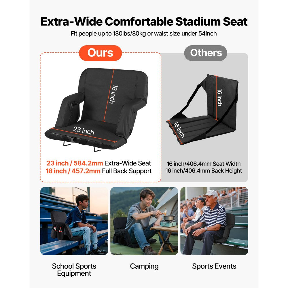 VEVOR Stadium Seat, 6 Adjustable Angle Wide Bleacher Chair, 2.9'' Cushion Padded Stadium Seat with Armrest and Back Support, Stadiums Chair with Hook Cupholder for Picnics, Beach Sports, and Gaming