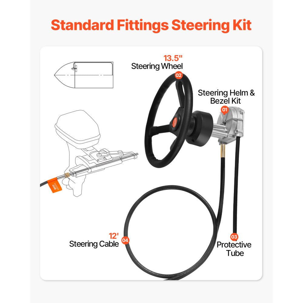VEVOR Outboard Steering System 10' Steering Cable Marine Steering System 3/4'' Steering Shaft with 13.5 Inch Wheel Flat Interface Marine Steering Kit for Yachts and Waterborne Vehicles, Black