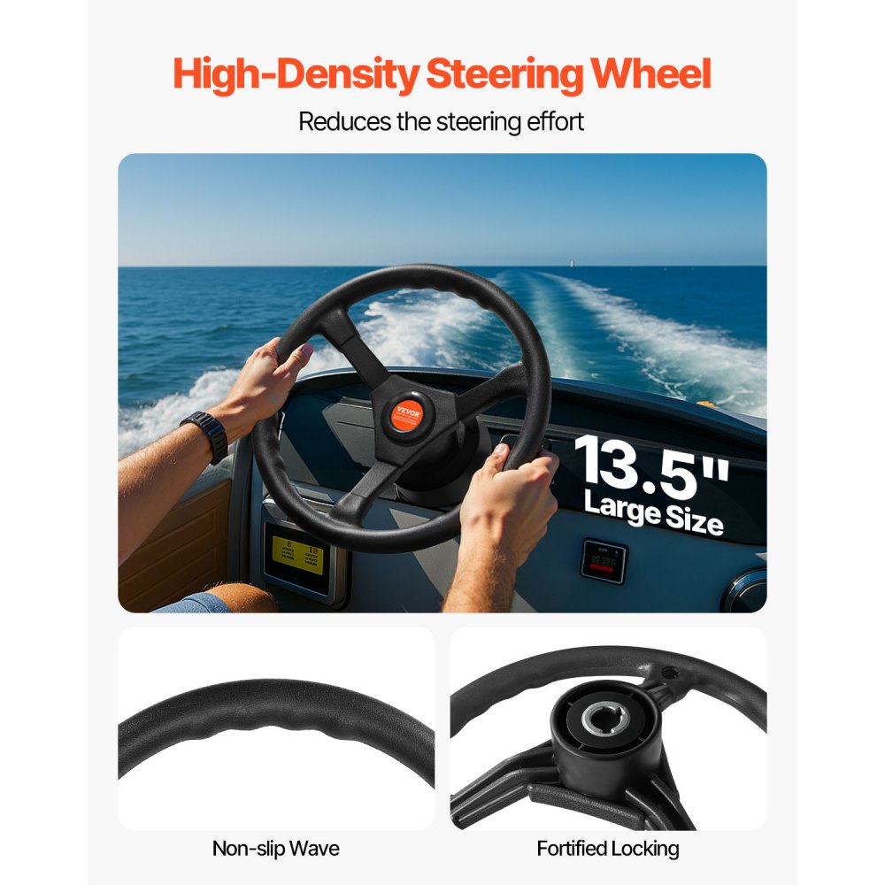 VEVOR Outboard Steering System 10' Steering Cable Marine Steering System 3/4'' Steering Shaft with 13.5 Inch Wheel Flat Interface Marine Steering Kit for Yachts and Waterborne Vehicles, Black