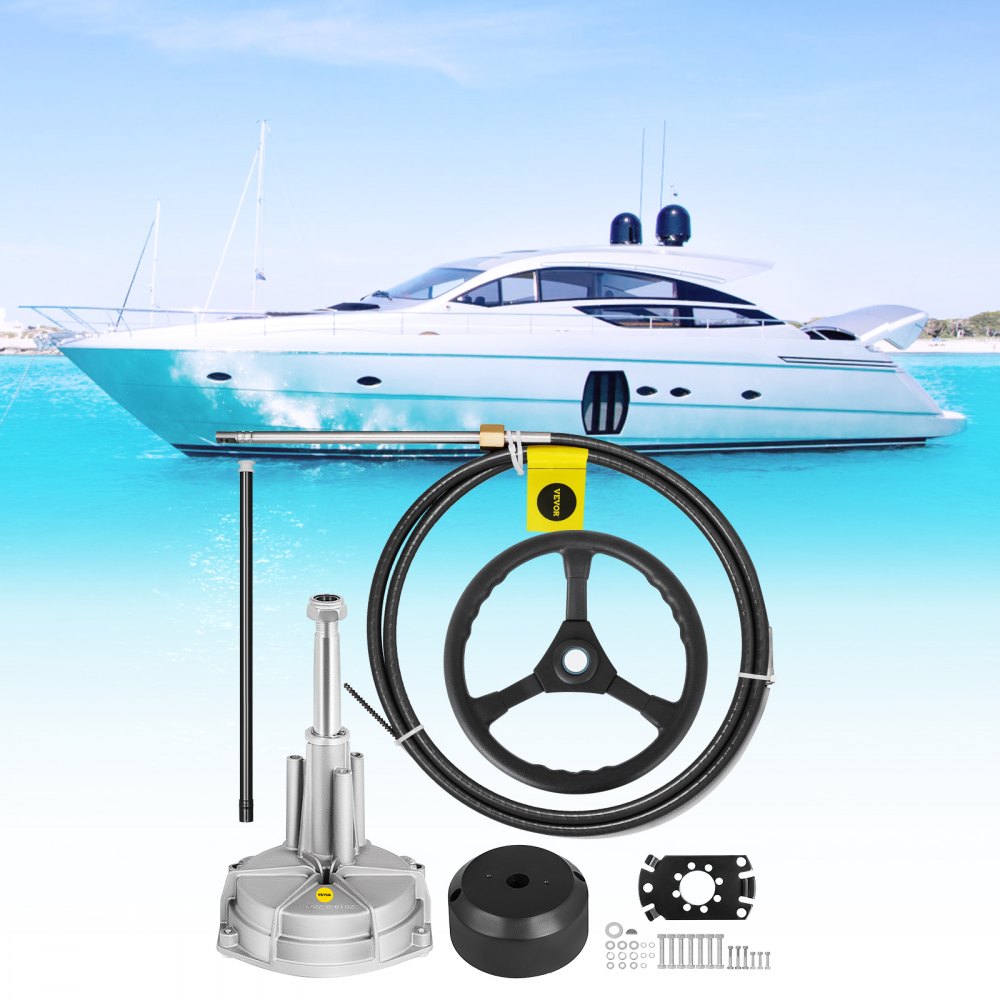 VEVOR Outboard Steering System 10' Steering Cable Marine Steering System 3/4'' Steering Shaft with 13.5 Inch Wheel Flat Interface Marine Steering Kit for Yachts and Waterborne Vehicles, Black