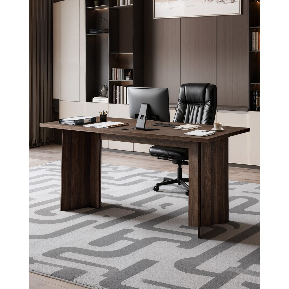 VEVOR 63 in Executive Desk, Large Modern Rectangle Office Table, Heavy Duty Wooden Executive Table with Cable Connection Hole, 250 LBS Load Capacity, Easy Assembly, for Work Study Writing, Walnut