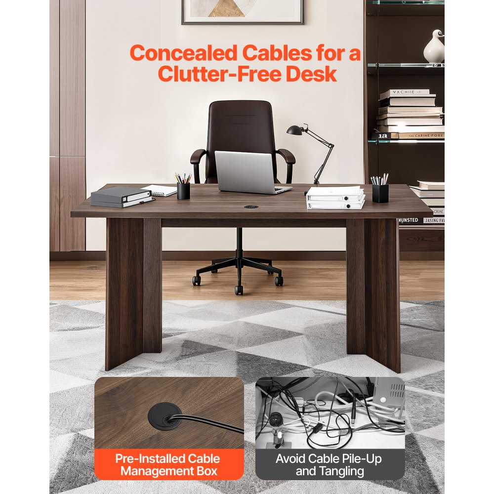 VEVOR 63 in Executive Desk, Large Modern Rectangle Office Table, Heavy Duty Wooden Executive Table with Cable Connection Hole, 250 LBS Load Capacity, Easy Assembly, for Work Study Writing, Walnut