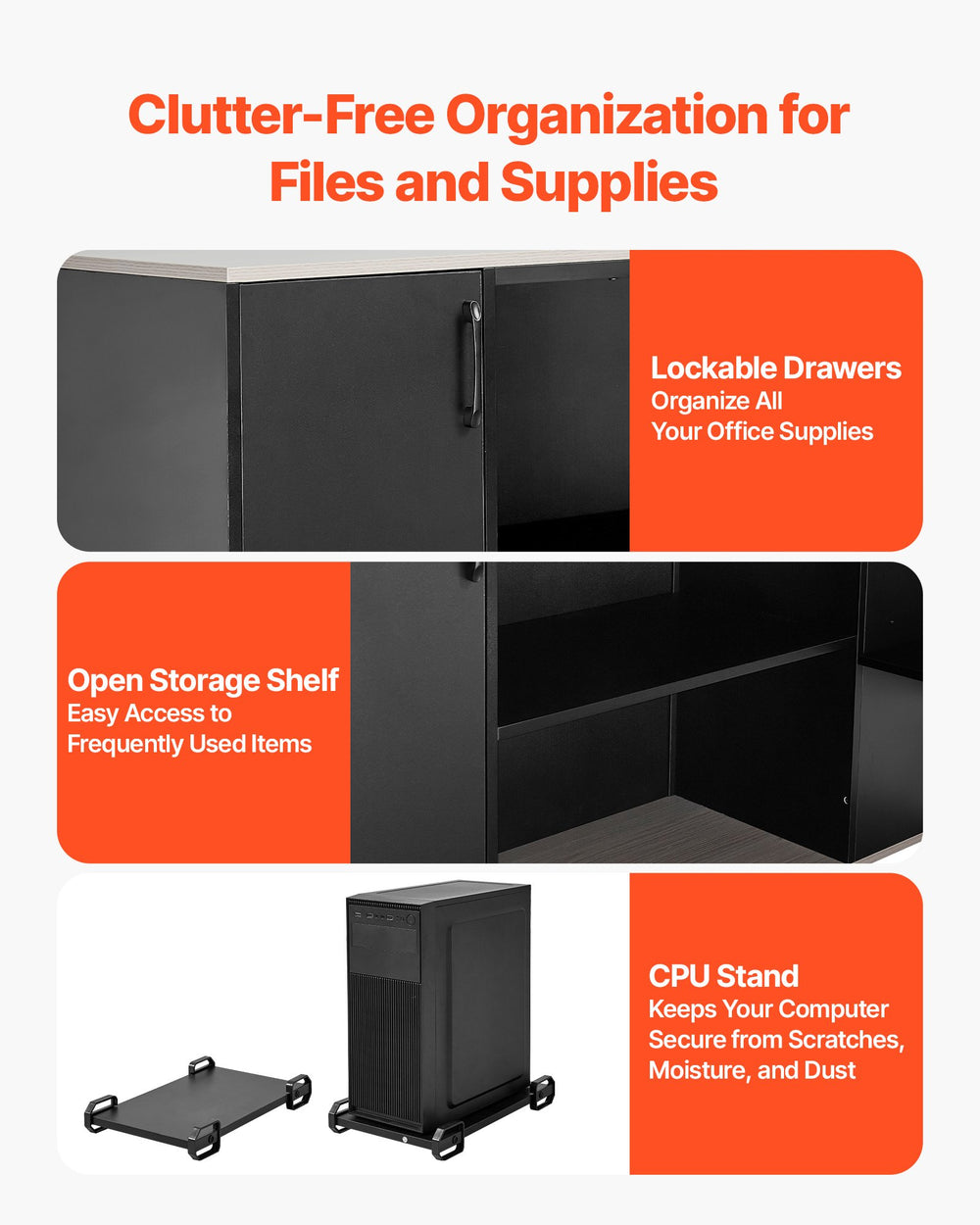 VEVOR L-Shaped Executive Desk - storage features (lockable drawers, shelves, CPU stand) (graphic)