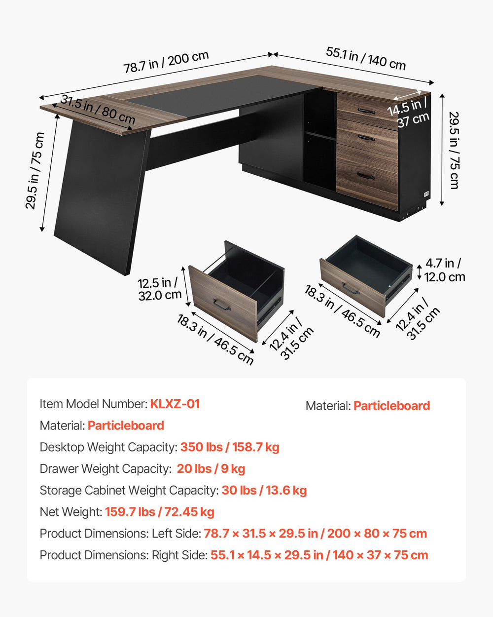 VEVOR L-Shaped executive desk - dimensions and key specs graphic