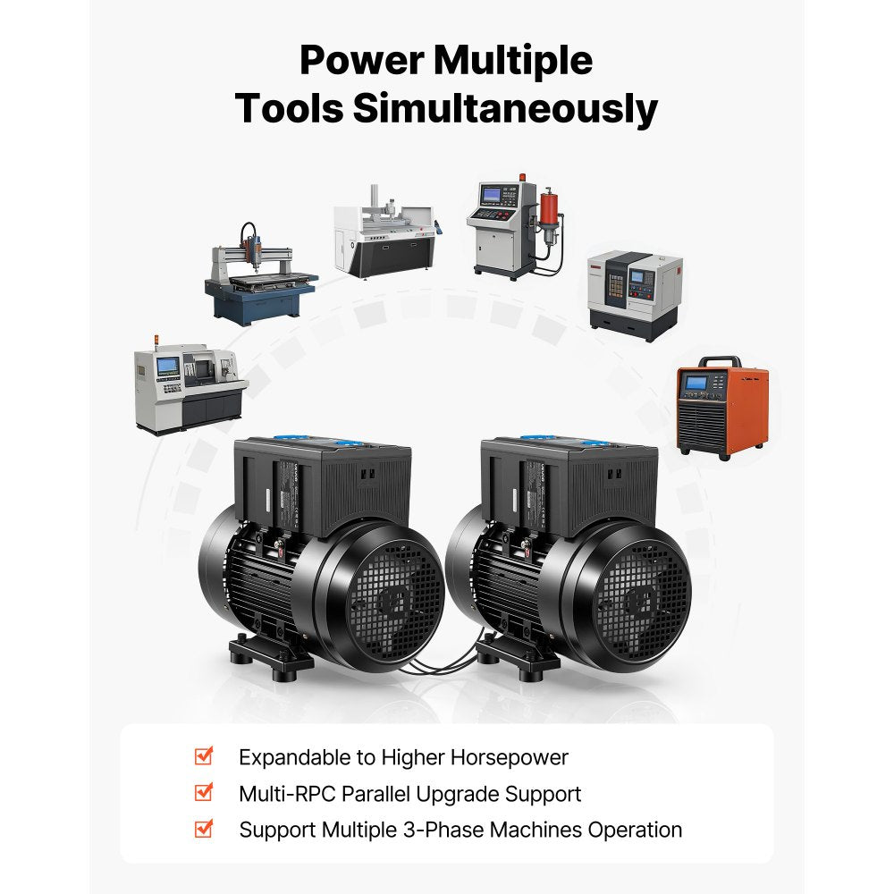 VEVOR Single Phase to 3-Phase Rotary Converter, 10HP 28A 208-240V Input/Output Rotary Phase Converter - Expandable to Higher Horsepower for Heavy-Load Equipment