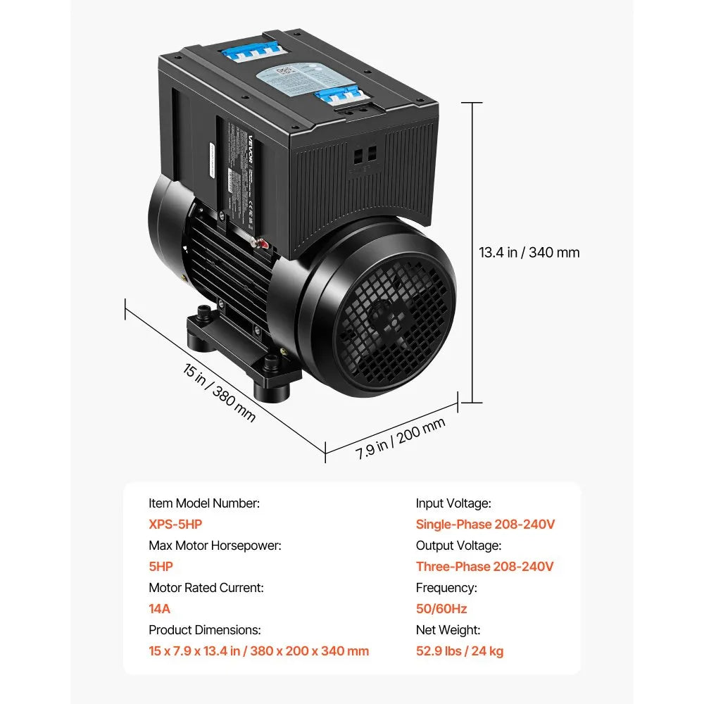 VEVOR Single Phase to 3-Phase Rotary Converter, 5HP 14A 208-240V Input/Output Rotary Phase Converter - Expandable to Higher Horsepower for Heavy-Load Equipment