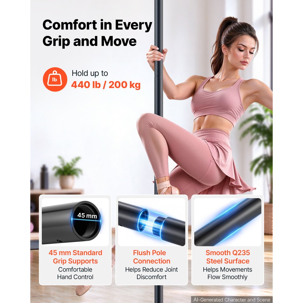 VEVOR Professional Dance Pole, Portable Dancing Poles, 83-110 in, Black, Removable Exercise Dancing Poles for Fitness, Adjustable Height, 45 mm Heavy-Duty Steel, Spinning & Static, 440 lb Capacity