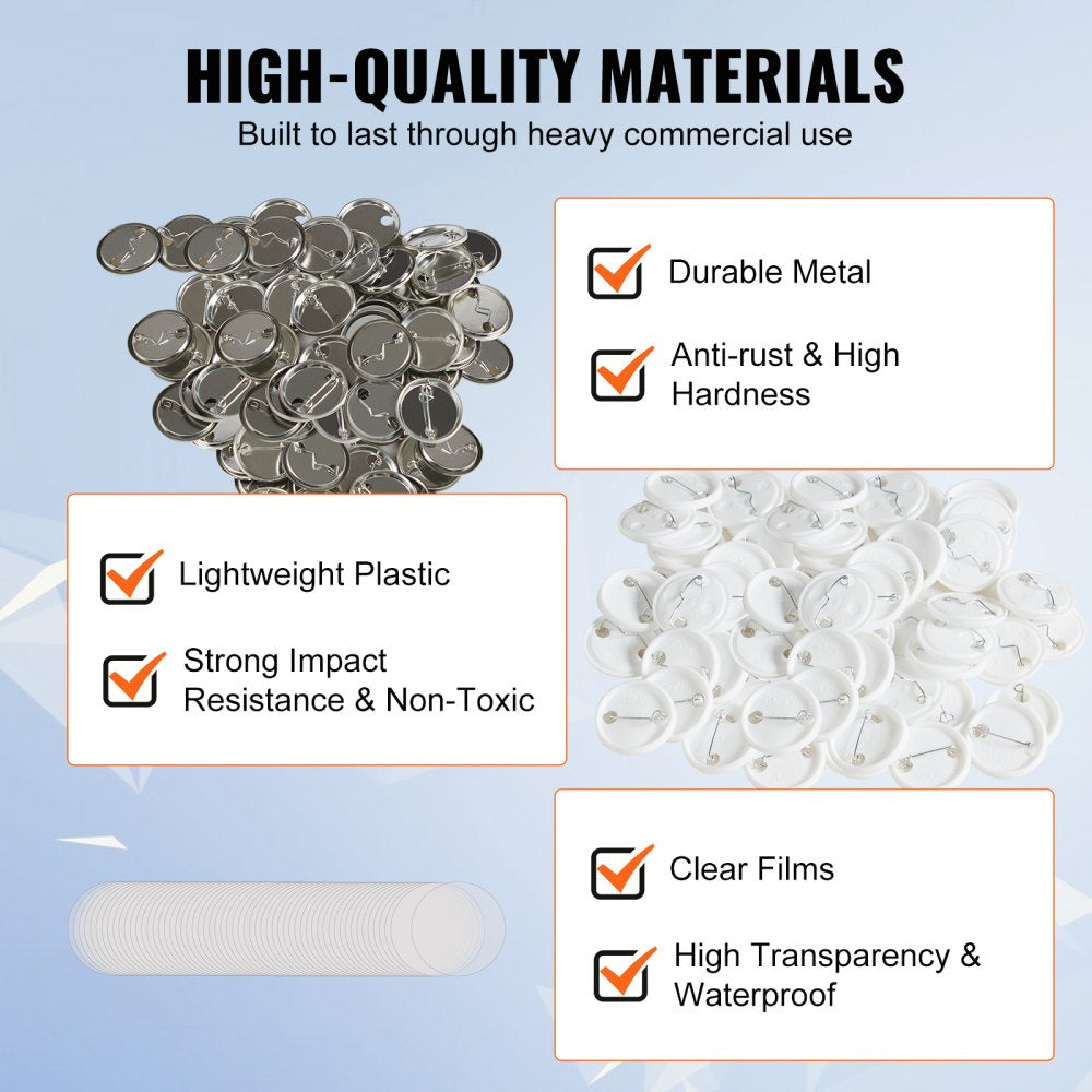 VEVOR 500 Sets 1.25 inch 32mm Pin Back Button Parts, DIY Round Button Badge Parts, Set Includes Metal Top, Plastic/Metal Button, Clear Film, and Blank Paper For Gifts Presents, Machine NOT Included
