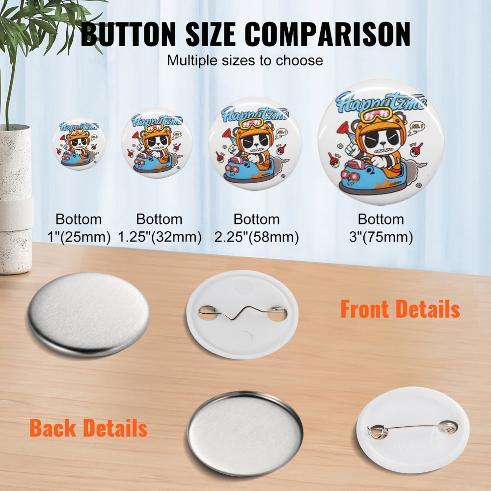 VEVOR 500 Sets 1.25 inch 32mm Pin Back Button Parts, DIY Round Button Badge Parts, Set Includes Metal Top, Plastic/Metal Button, Clear Film, and Blank Paper For Gifts Presents, Machine NOT Included