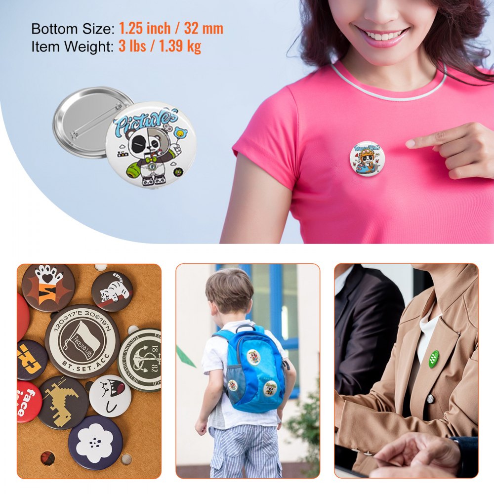VEVOR 500 Sets 1.25 inch 32mm Pin Back Button Parts, DIY Round Button Badge Parts, Set Includes Metal Top, Plastic/Metal Button, Clear Film, and Blank Paper For Gifts Presents, Machine NOT Included