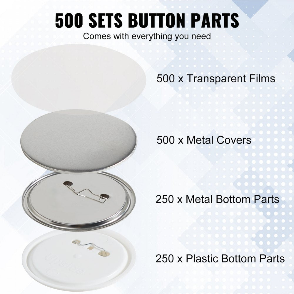 VEVOR 500 Sets 2.25 inch 58mm Pin Back Button Parts, DIY Round Button Badge Parts, Set Includes Metal Top, Plastic/Metal Button, Clear Film, and Blank Paper For Gifts Presents, Machine NOT Included