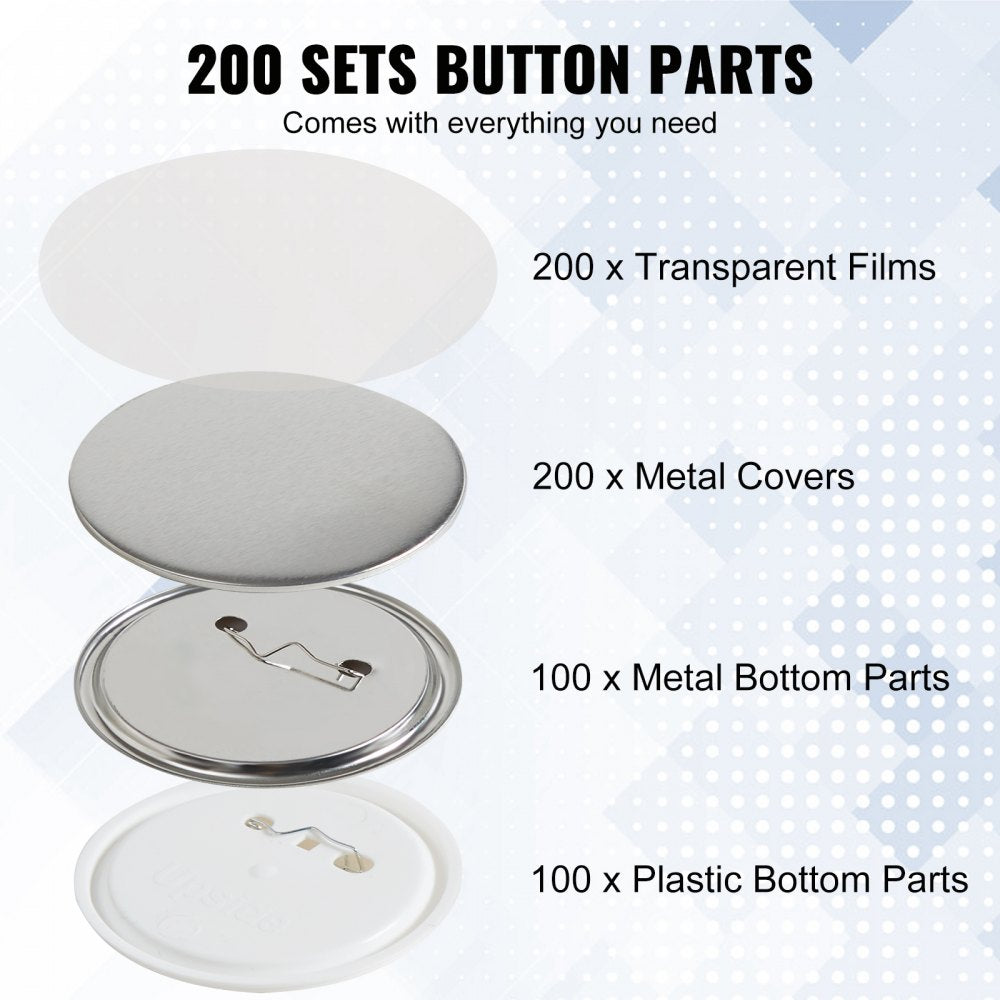 VEVOR 200 Sets 3 inch 75mm Pin Back Button Parts, DIY Round Button Badge Parts, Set Includes Metal Top, Plastic/Metal Button, Clear Film, and Blank Paper For Gifts Presents, Machine NOT Included