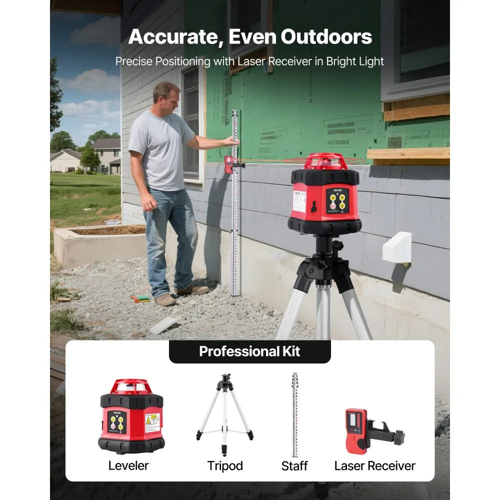 Rotary laser level kit in use outdoors with laser receiver and grade rod (professional kit)