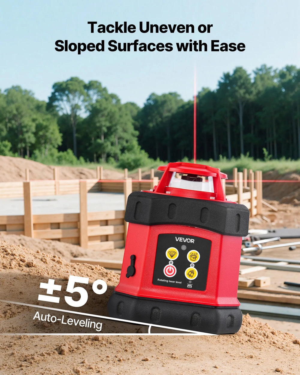 Self-leveling rotary laser level with ±5° auto-leveling for uneven or sloped surfaces