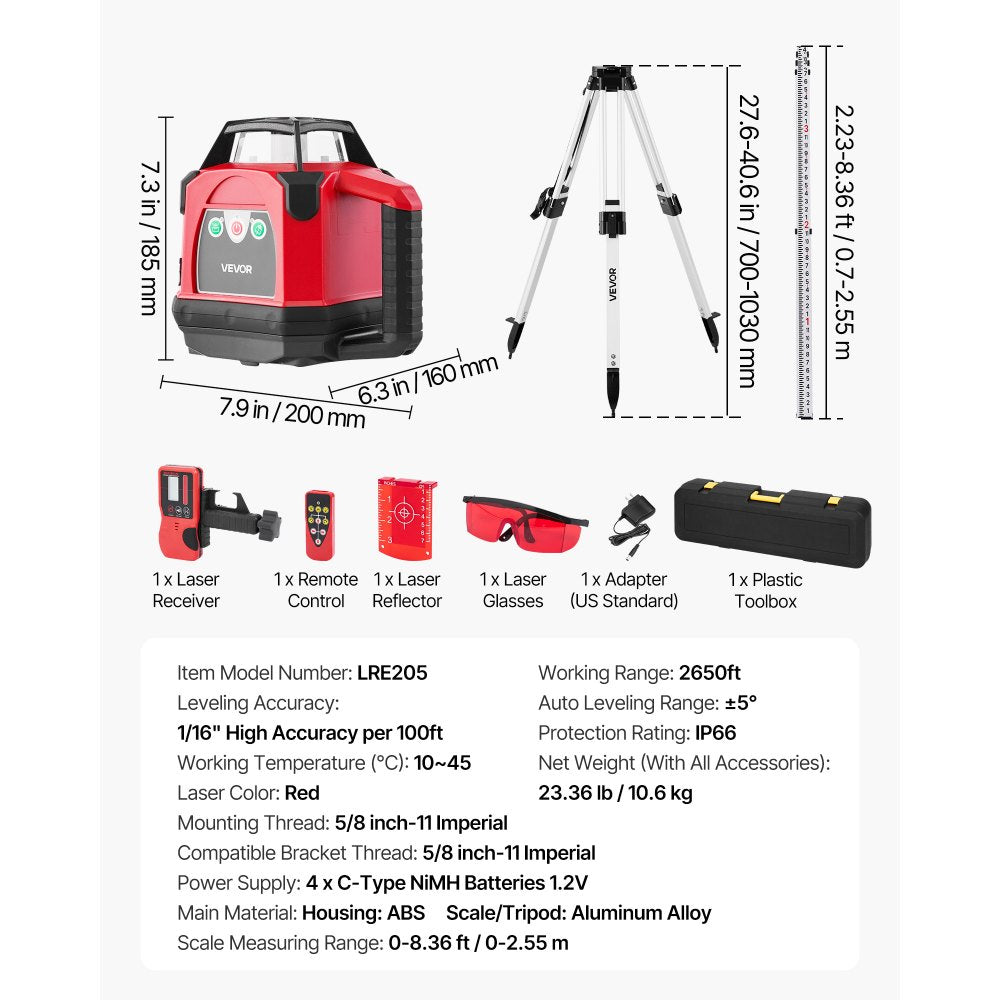 VEVOR rotary laser level kit dimensions and included accessories overview