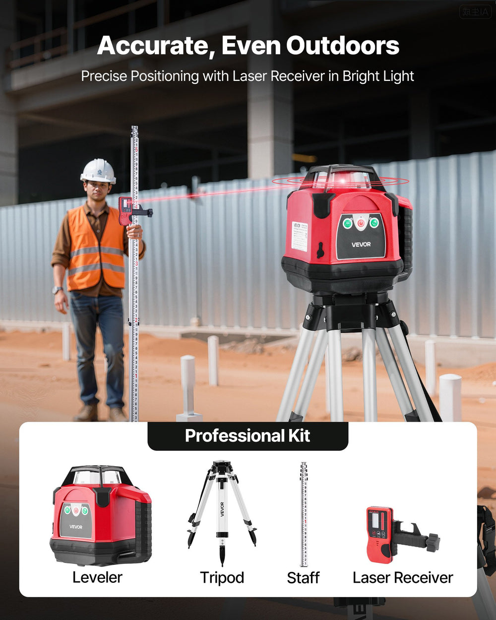 VEVOR rotary laser level kit in use outdoors with receiver and staff shown