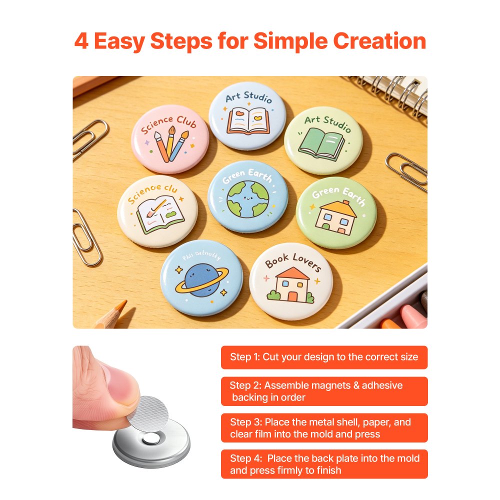 VEVOR Button Maker Supplies 50 Sets 0.98 in / 25 mm Refrigerator Magnets, Button Parts with Magnetic Backs, Metal Shells, Clear Mylar Films, and Blank Circle Papers, for Home DIY and Kitchen Decor