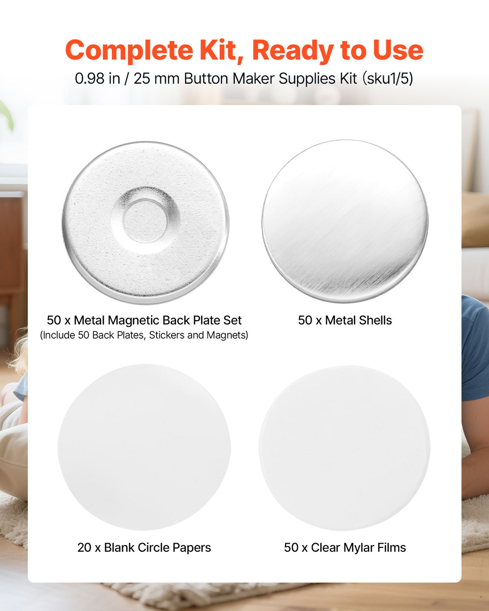 VEVOR Button Maker Supplies 50 Sets 0.98 in / 25 mm Refrigerator Magnets, Button Parts with Magnetic Backs, Metal Shells, Clear Mylar Films, and Blank Circle Papers, for Home DIY and Kitchen Decor