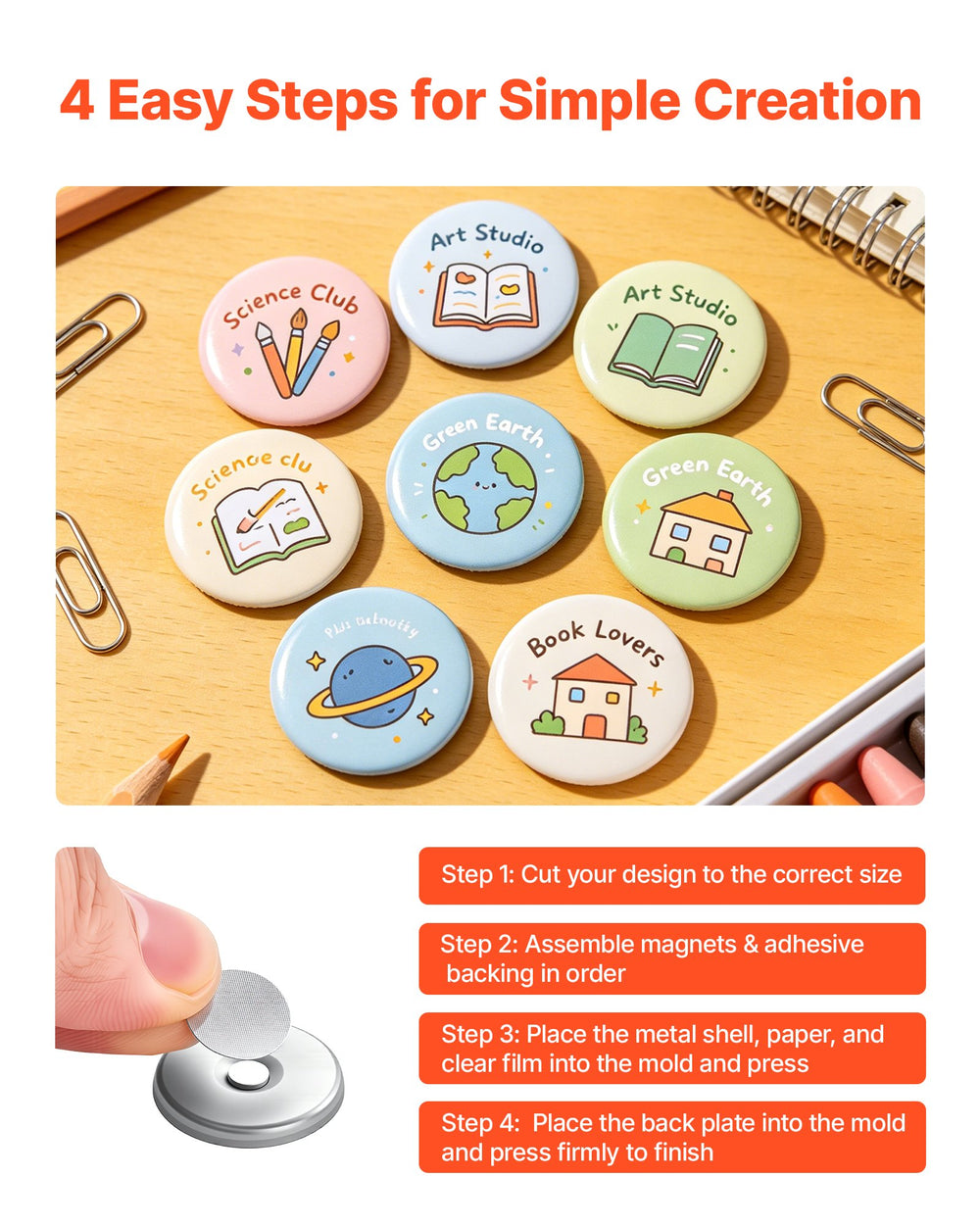 VEVOR Button Maker Supplies 50 Sets 0.98 in / 25 mm Refrigerator Magnets, Button Parts with Magnetic Backs, Metal Shells, Clear Mylar Films, and Blank Circle Papers, for Home DIY and Kitchen Decor