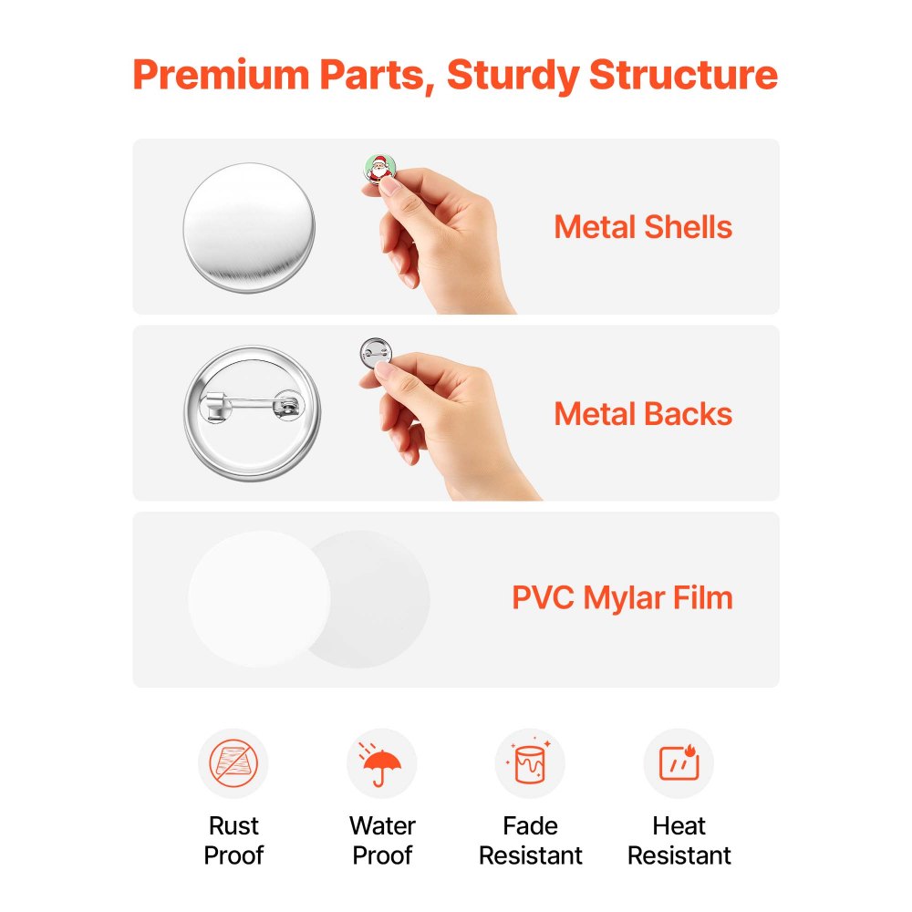 VEVOR Button Maker Supplies 200 Sets 0.98 in / 25 mm Pin Back Button Parts, with Metal Backs, Metal Shells, Clear Mylar Films, and Blank Circle Papers, for Home DIY, School Events, and Custom Studio