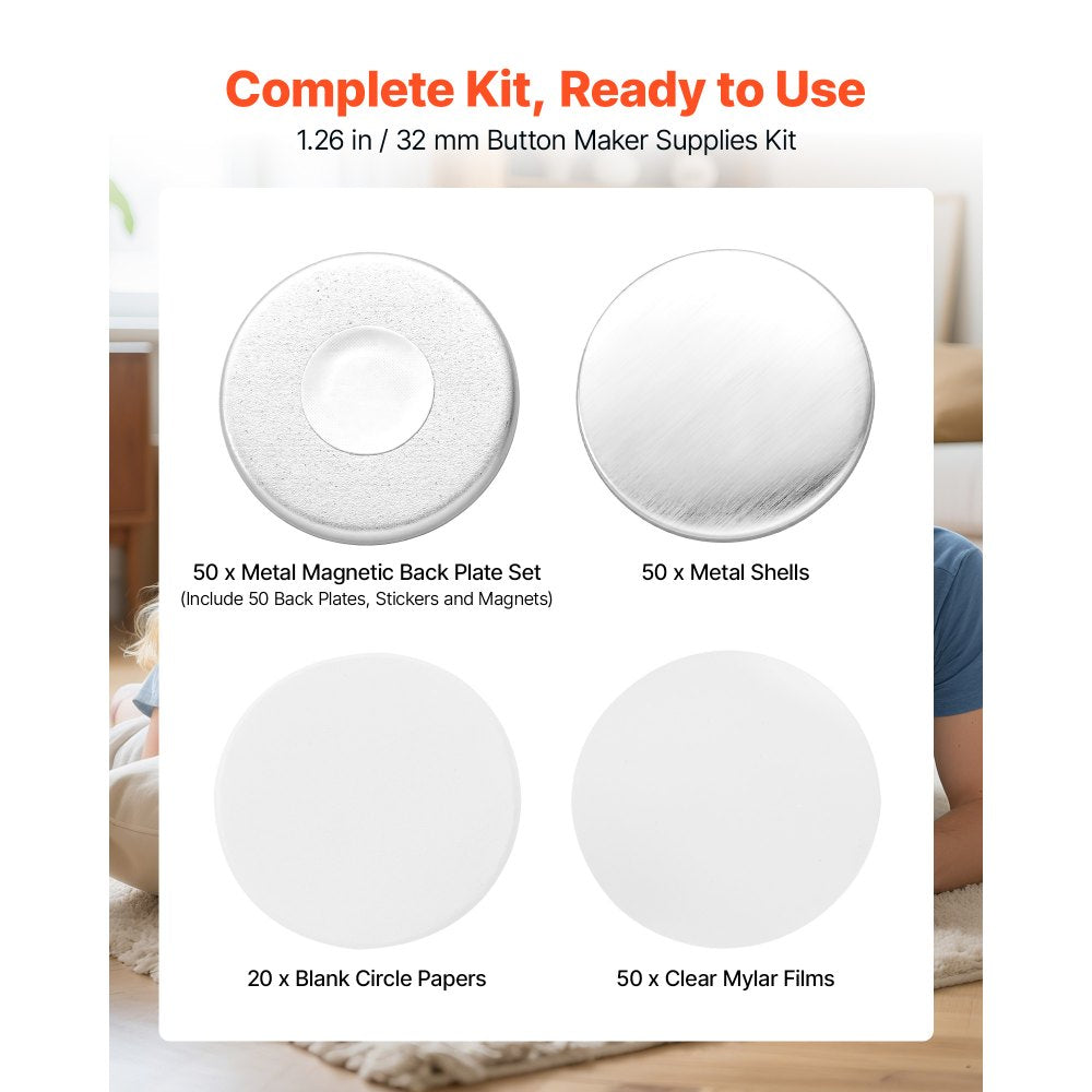 VEVOR Button Maker Supplies 50 Sets 1.26 in / 32 mm Refrigerator Magnets, Button Parts with Magnetic Backs, Metal Shells, Clear Mylar Films, and Blank Circle Papers, for Home DIY and Kitchen Decor