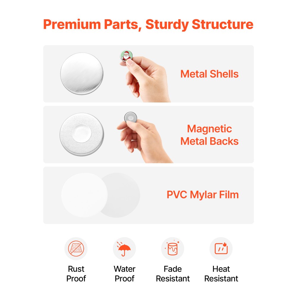 VEVOR Button Maker Supplies 50 Sets 1.26 in / 32 mm Refrigerator Magnets, Button Parts with Magnetic Backs, Metal Shells, Clear Mylar Films, and Blank Circle Papers, for Home DIY and Kitchen Decor