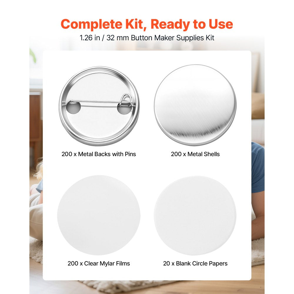 VEVOR Button Maker Supplies 200 Sets 1.26 in / 32 mm Pin Back Button Parts, with Metal Backs, Metal Shells, Clear Mylar Films, and Blank Circle Papers, for Home DIY, School Events, and Custom Studio