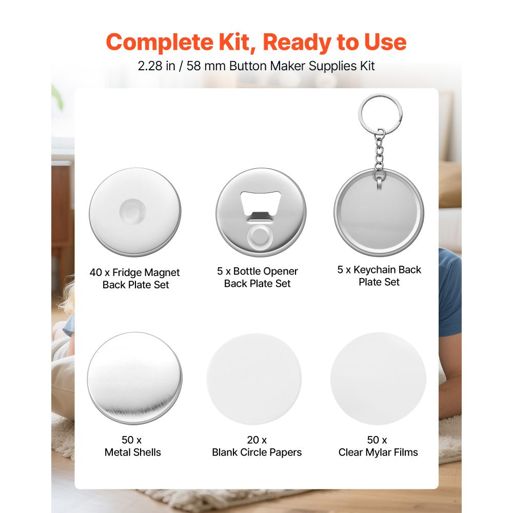 VEVOR Button Maker Supplies 50 Sets 2.28 in / 58 mm Refrigerator Magnets, Bottle Openers, and Keychains Button Parts with Backs, Shells, Clear Mylar Films, and Blank Circle Papers, for Home DIY