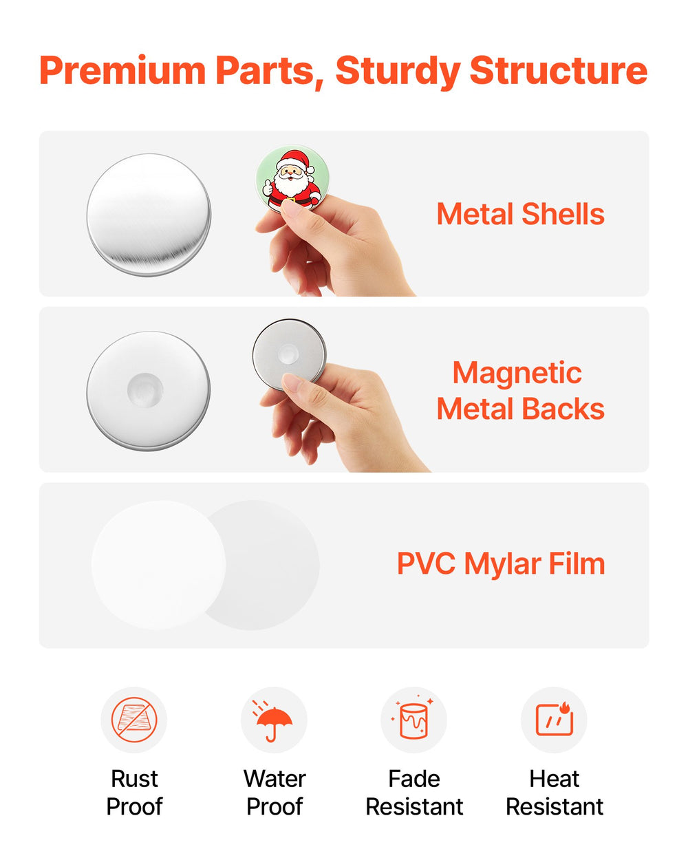 VEVOR Button Maker Supplies 50 Sets 2.28 in / 58 mm Refrigerator Magnets, Bottle Openers, and Keychains Button Parts with Backs, Shells, Clear Mylar Films, and Blank Circle Papers, for Home DIY
