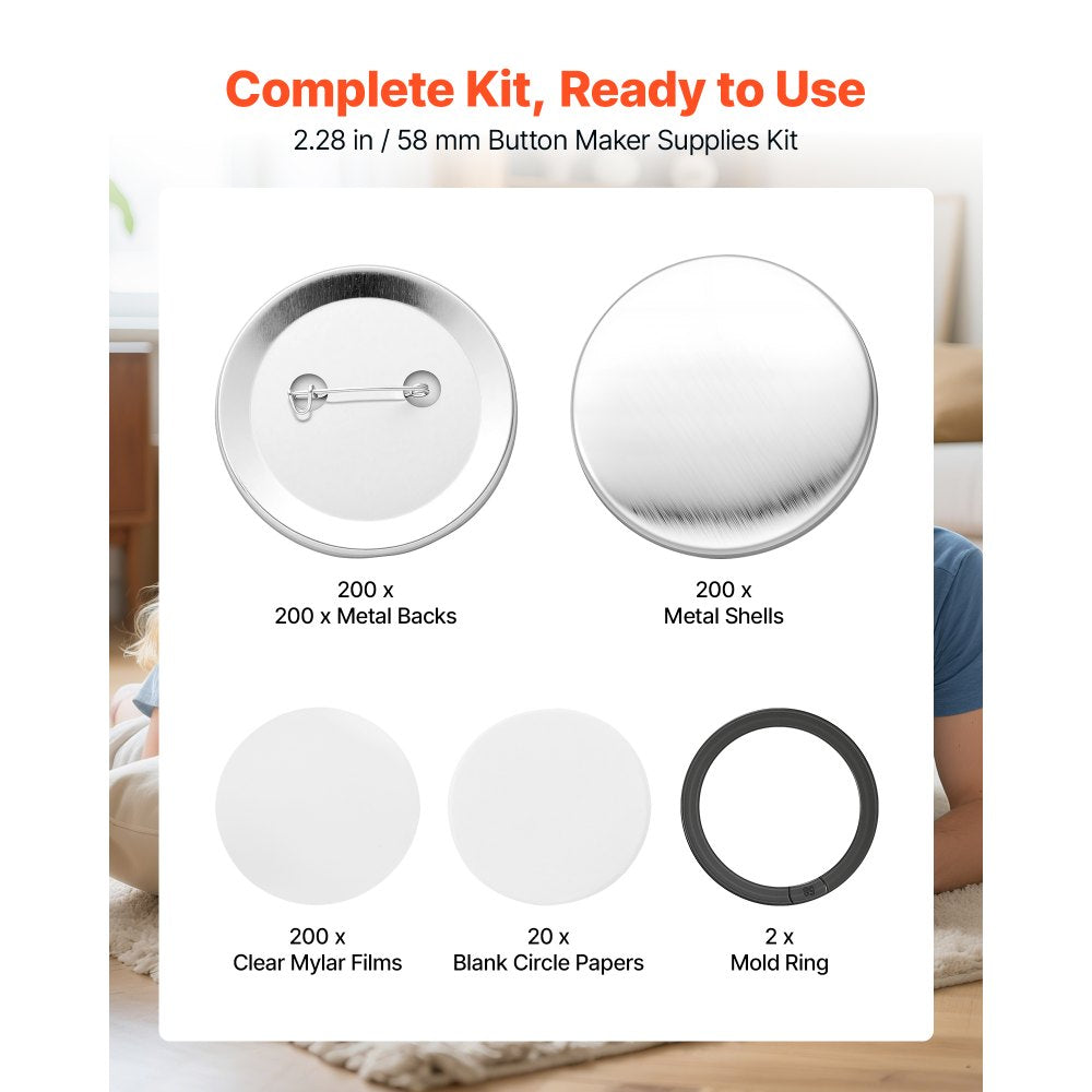 VEVOR Button Maker Supplies 200 Sets 2.28 in / 58 mm Pin Back Button Parts, with Metal Backs, Metal Shells, Clear Mylar Films, and Blank Circle Papers, for Home DIY, School Events, and Custom Studio